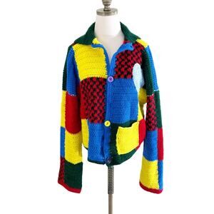 Handmade Multicolor Knit Patchwork Boxy Fit Cardigan Sweater Women's Size S/M